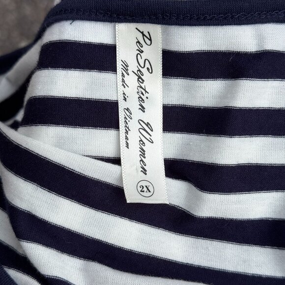 Per Seption Women Navy White Striped Top 2X Openwork‎ Sleeves Nautical Tee NEW - Picture 7 of 13